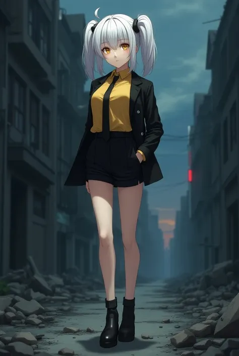 highly detailed, full-body anime female character, short white hair with two side ponytails, yellow eyes, fair skin, neutral expression, 1.80m tall, yellow shirt, black jacket, black tie, black shorts, black high heels, standing, background of a ruined cit...