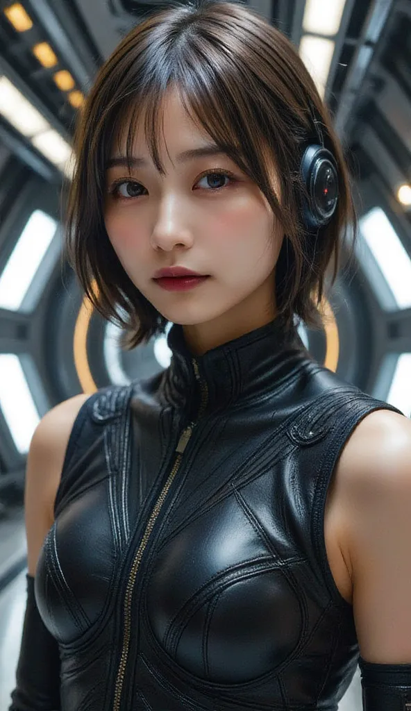 realistic cyborg female face concept in exoskeleton on spaceship background, shot on 35mm objective, 4k style, highest quality.