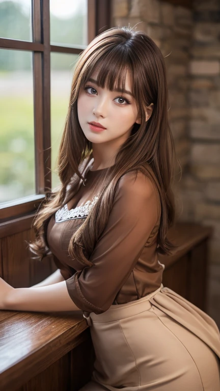 Best quality, 8k,  ,Masterpiece :1.3)), facing viewer,((full body1.2)) ,pretty woman,1girl,  brown hair  , bangs,ultra-detailed face, highly detailed lips, detailed eyes, double eyelid