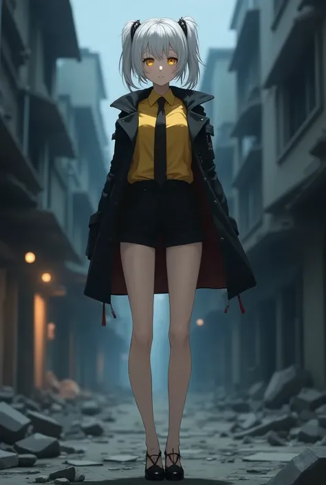 highly detailed, full-body anime female character, short white hair with two side ponytails, yellow eyes, fair skin, neutral expression, 1.80m tall, yellow shirt, black jacket, black tie, black shorts, black high heels, standing, background of a ruined cit...