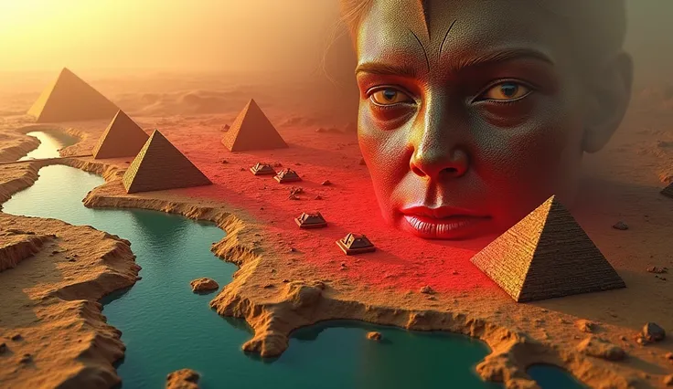 A detailed 3D map of ancient Egypt, pyramids, Nile river, a large red highlighted area, blurred face of Cleopatra, high quality, intricate details, photorealistic, 8k, cinematic lighting, dramatic shadows, warm color tones, vibrant colors, masterpiece