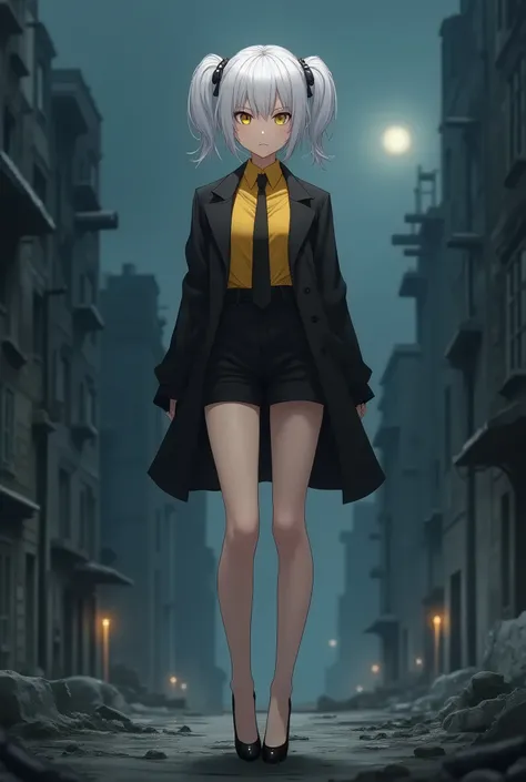 highly detailed, full-body anime female character, short white hair with two side ponytails, yellow eyes, fair skin, neutral expression, 1.80m tall, yellow shirt, black jacket, black tie, black shorts, black high heels, standing, background of a ruined cit...