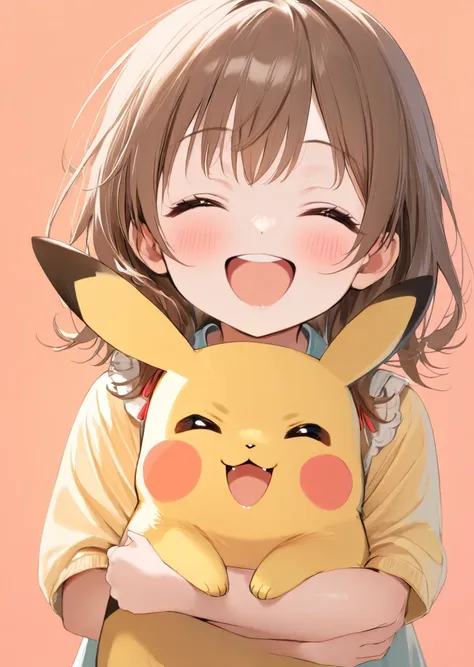 1girl, cute face, kindergarten, (closed eyes:1.1), open mouth, (happy mood:1.3), bright smile, hugging pikachu, (simple backgrou...