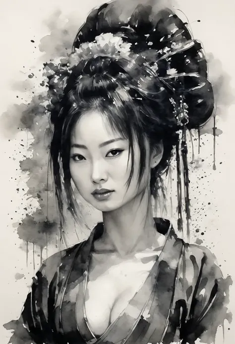 sumi-e style,ink and ink painting,black and white painting,splash,nikole man,oiran,kodew