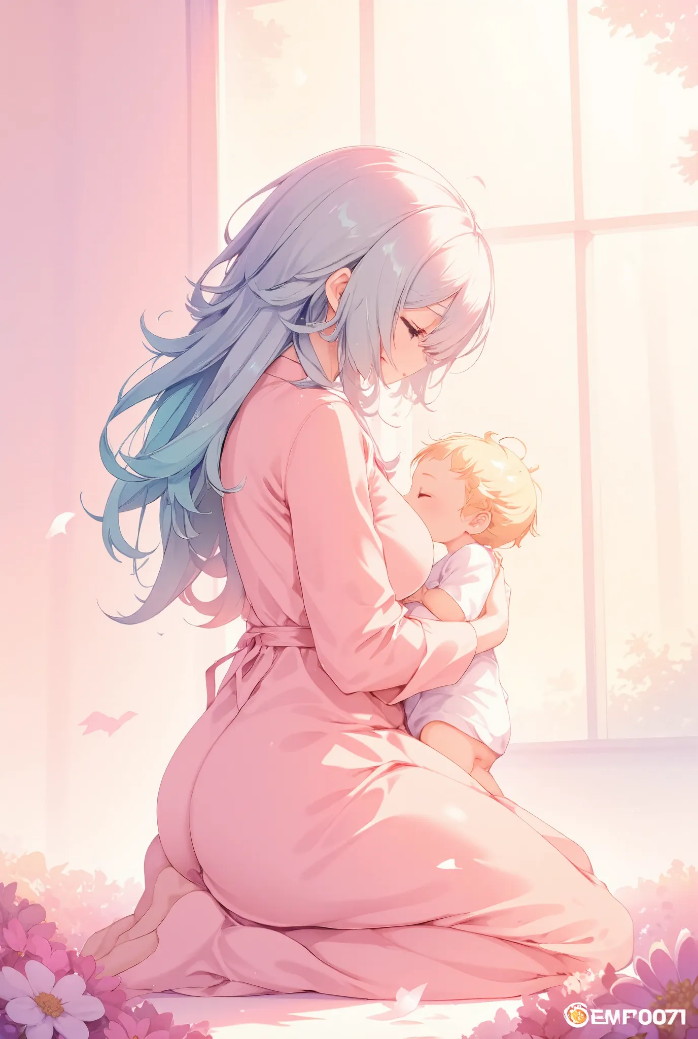 a soft and gentle worldview and color scheme, parent and , kneeling and embracing, lovingly and tenderly, bright pastel colors