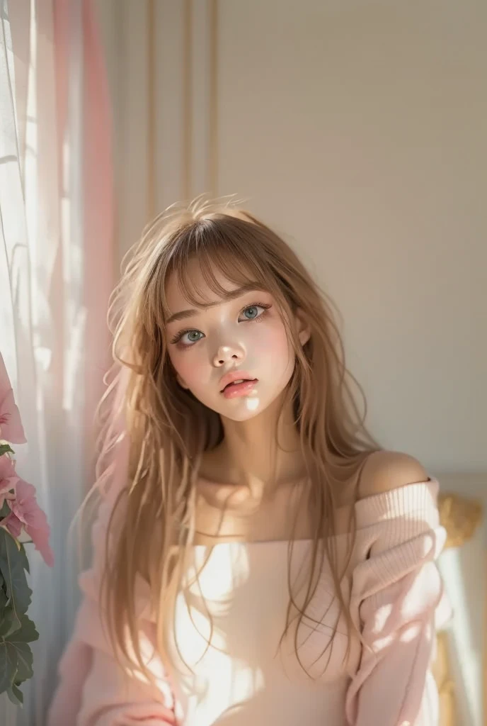 (  Details) ,  HYPER DETAIL, Realistic Portrait ,  perfect face.Teenage Girl, Front View, clear double eyelids, blue eyes and long eyelashes, Realistic Face,  Details skin,Kiss on the cheek、 Pink medium long hair , Forehead bangs  , off-the-shoulder sweate...