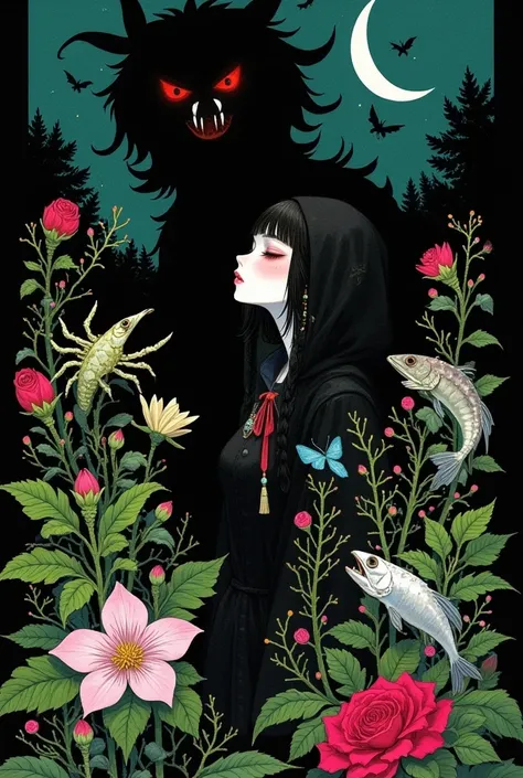 1girl, blood, blush, bush, camellia, closed eyes, cloud, crab, crescent moon, fish, flower, hood, leaf, meat, moon, no humans, octopus, open mouth, plant, profile, red flower, red rose, rose, sharp teeth, skull, solo, spider lily, teeth, thorns, tree