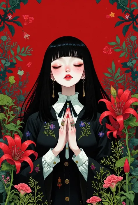 1girl, bangs, black hair, blunt bangs, closed eyes, cross, earrings, floral background, flower, floweeld, interlocked fingers, jewelry, leaf, lips, long hair, long sleeves, makeup, neck ribbon, own hands clasped, own hands together, plant, red background, ...