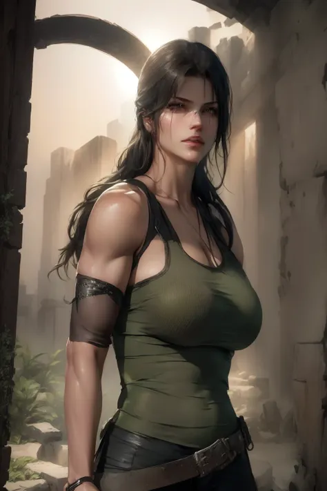 arafed woman in a green tank top and black pants posing for a picture, muscular sweat lara croft, lara croft, tomb raider beauti...