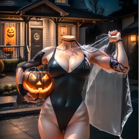 there is a woman in a bodysuit holding a bag of   halloween decorations,   halloween atmosphere,   trick or treat  , scary appea...