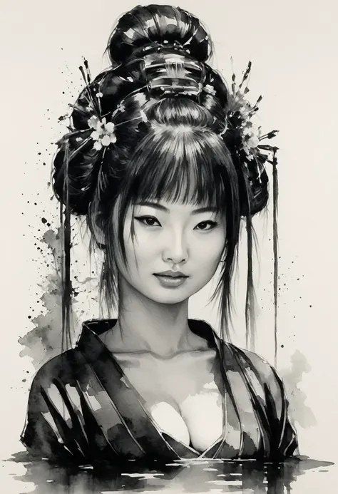 Sumi-e style,Ink and ink painting,Black and white painting,splash,Nikole man,Oiran,kodew