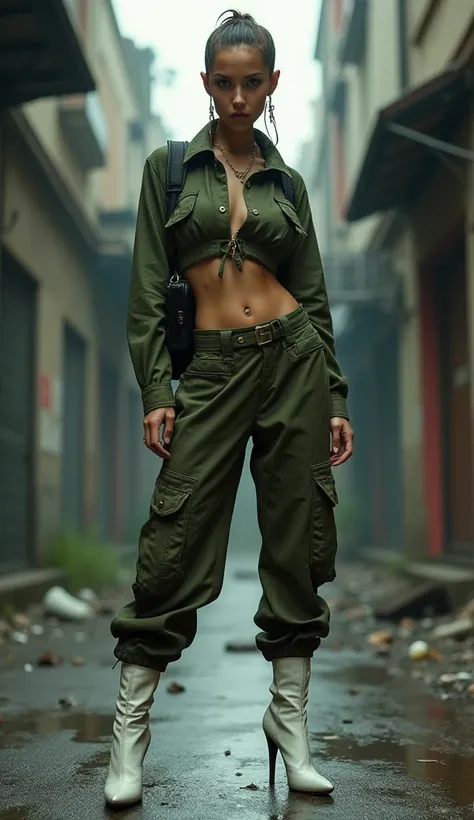 a woman in a green blouse and pants posing for a photo, a digital representation inspired by Esaias Boursse, Instagram, renaissance, wearing cargo pants, intriguing outfit, military girl outfit, olive green, military pants, olive, post-apocalyptic vibes, u...