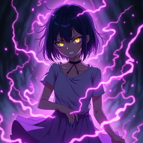 A Revengeful Yangire anime girl with a purple aura and yellow glowing eyes