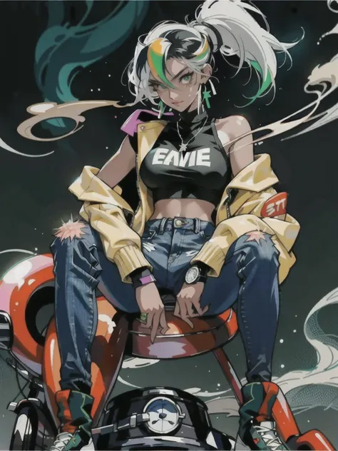 (masterpiece: 1.2, best quality), 1lady, solo, big tits
Dark skinny jeans, oversized sweater, ankle boots, hemp print, smoke, smoke, neon lights, 
Loose waves, central part
Simple hoop earrings, cool, cool, fashionable, rockstar 
Green Park