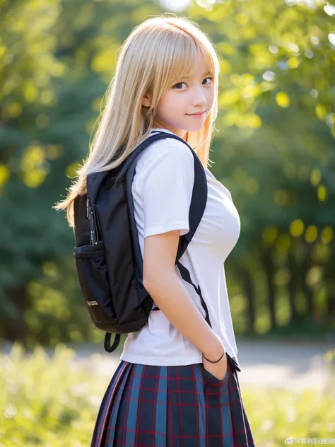 jk,high student,backpack,girl,blond hair,middle boob,masterpiece,school background,cute face,