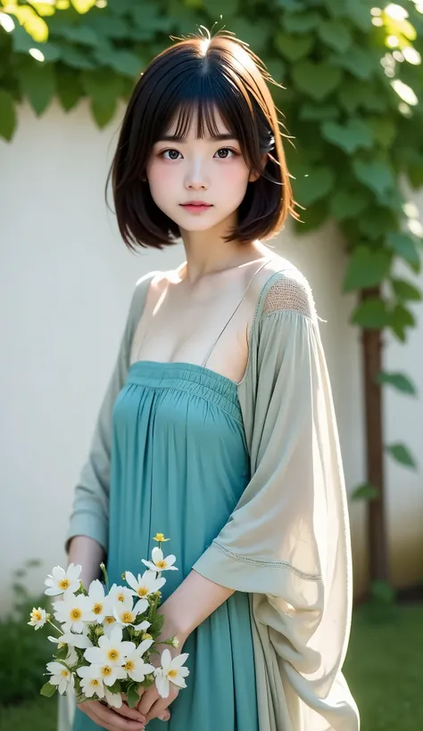 Ivyの貼ったWhite wall、White wall、White wallの前に花束を持った女性が立っている, very cute 、 teenager , slim、thin、 very cute女の子、 Black Hair 、 short hair, short bob、Assertive 、Lo-fi Girl, Ivy, wearing blue- Green clothes, With flowers, Low-quality photos, Cape, Green clo...