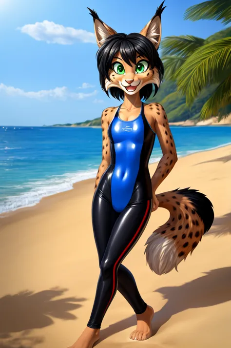 lynx is a slim skinny cartoon girl in a tight lycra swimsuit on the beach with a happy face, green eyes,  black hair , black toe...