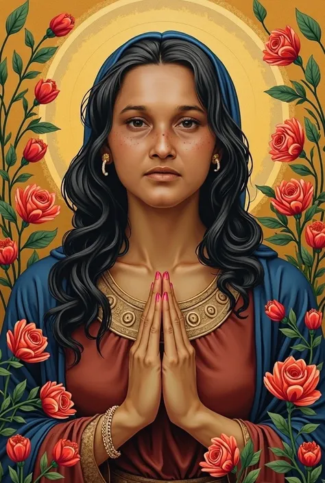 A stylized portrait of Maria da Penha ,  with a flower background symbolizing rebirth and hope.