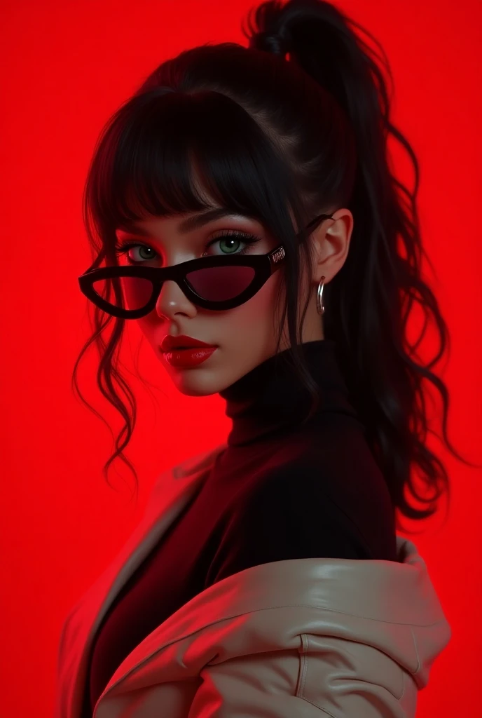  realistic oil painting of a beautiful young woman with jet black hair ,  it is barely wavy and long , green eyes, white skin and red lips,  she wears black sunglasses ,  she has her hair tied in a high ponytail with loose locks ,  wears a black turtleneck...