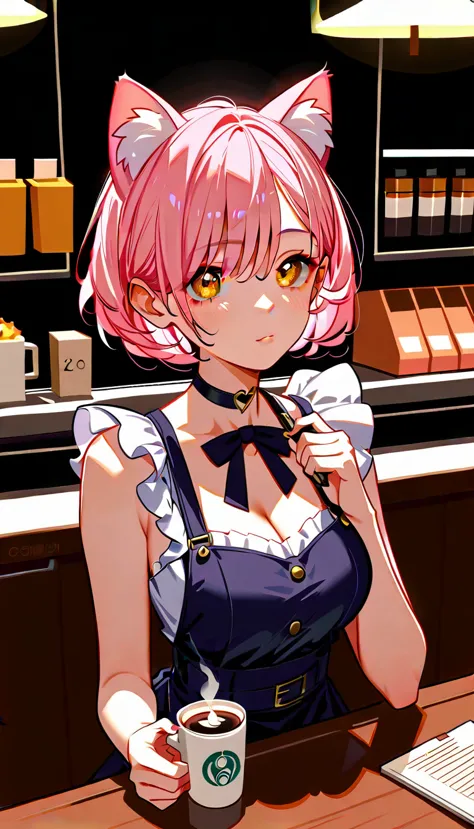 high image quality 、high quality、 one girl playing pranks、 pink hair、 short hair、 golden eyes、 big chest、 cleavage、fisheye lens、...