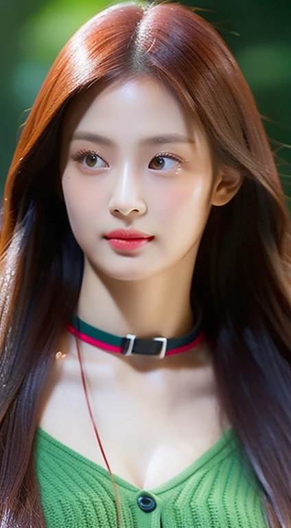 perfect figure beautiful woman：1.4，Layered Hair Style，Protruding cleavage，Pink two-dimensional clothing：1.5，Highly Detailed Face and Skin Textur，double eyelid，Whiten the skin，orage red long whitr hair，playing water，Collar, golden green eyes, bambi eyes