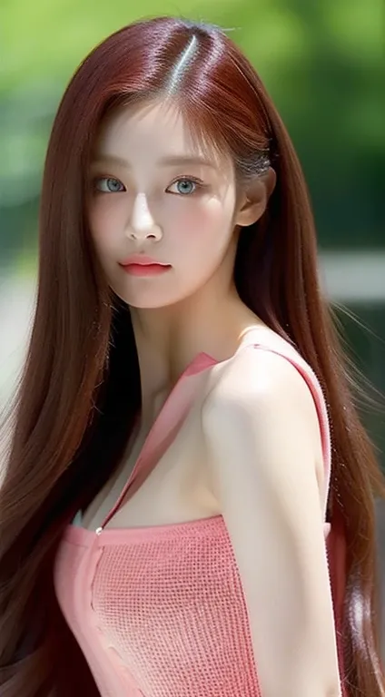 perfect figure beautiful woman：1.4，Layered Hair Style，Protruding cleavage，Pink two-dimensional clothing：1.5，Highly Detailed Face and Skin Textur，double eyelid，Whiten the skin，orage red long whitr hair，playing water，Collar, golden green eyes, bambi eyes