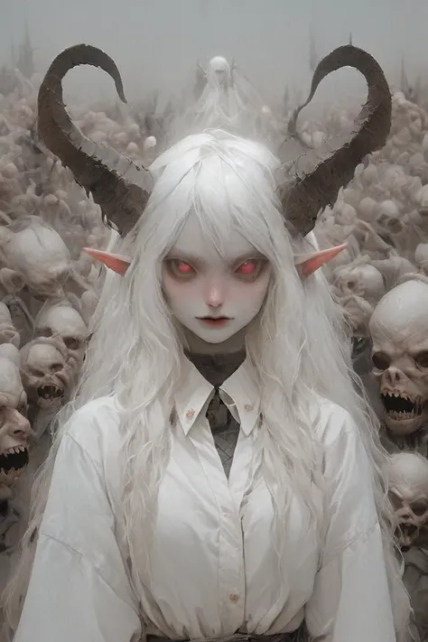 selfie in gigantic tits, albino demon girl with lethargic and sleepy smoky eyes, straight hair with white bangs, bug eyes, anten...