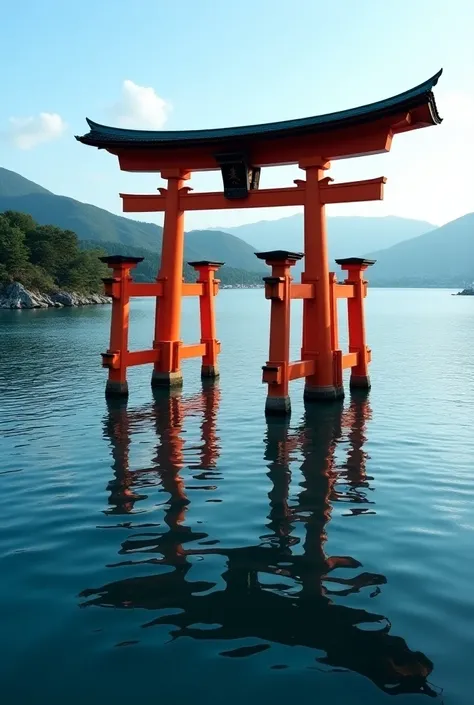 An ultra-realistic aerial view of the grand Torii gate of Itsukushima Shrine, located on Miyajima Island in Hiroshima, Japan. The scene is captured as if by a high-quality drone camera, showcasing the Torii standing majestically in the sea. The deep blue w...