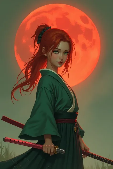  Redheaded girl, samurai,  character looking forward,  holding pink katana that shines, greenish brown eyes, Giant red moon background . 