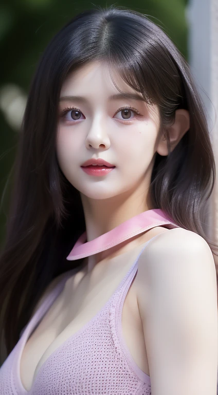 perfect figure beautiful woman：1.4，Layered Hair Style，Protruding cleavage，Pink two-dimensional clothing：1.5，Highly Detailed Face and Skin Textur，double eyelid，Whiten the skin，white long whitr hair，playing water，Collar, purple lilac eyes, bambi eyes