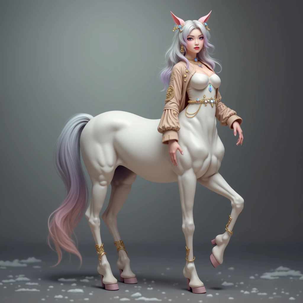 masterpiece,( best quality :1.3),Centaur Girl,Lola:Centaur GirlV1.0:0.6,(Icefield:1.3),(Head to body 1：9：1.3)The silver hair on the cape has a hint of blue,  An ancient Chinese beautys headdress ，Beautiful ponytail with an antique headdress，蓬松的波浪状头发修饰she的面...