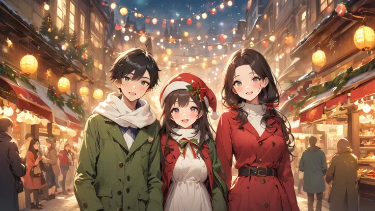 （masterpiece、high quality、High resolution、detailed、８k)、A Japanese couple in their 20s（Beautiful young man and beautiful woman、Beautiful eyes、Smooth Hair）、She and he are walking hand-in-hand、I see them a little farther away、（Her dress warmly with a red coat...