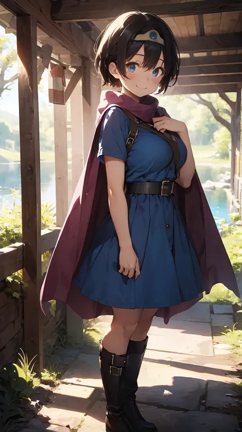 (masterpiece:1.1, Best Quality:1.1, 16K HDR:1.1,  Kampala:1.1), (A weapon with a scabbard on her back :1.2), internal (dq3),  one girl, Alone,  short hair, Brown Hair,  blue eyes ,  circlet, (Huge breasts), (Blue dress:1.5), Purple Cape, ((Thick thighs)), ...