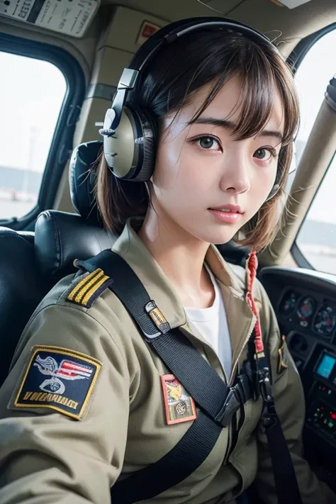  Helicopter Pilots、Pilot、cockpit、khaki flight suit, Lots of instrument panels 、income、 serious look、Military、 Documentary Photo , Like the picture,  Super Real , (Very beautiful Japanese teenage girl,  Her beautiful face looks like a famous Japanese idol:1...