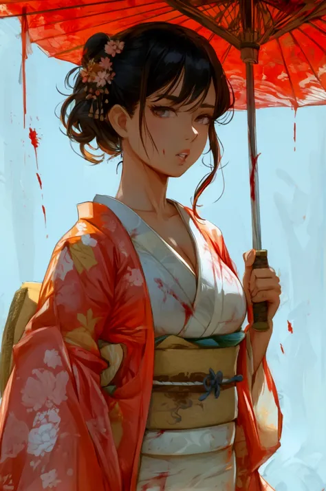 solo,cleavage, haori, thick thighs, outstanding details, blood,big breasts , moon , kimono, parted lips, katana, standing up,hug...