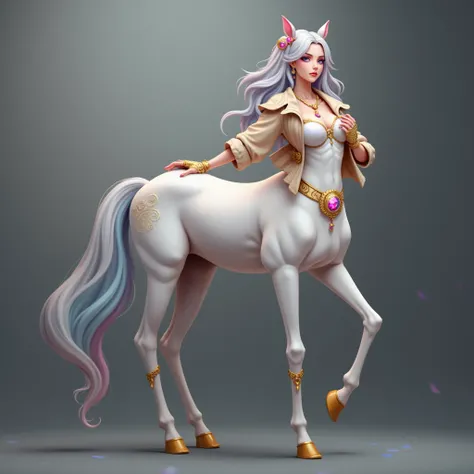 masterpiece,( best quality :1.3),Centaur Girl,Lola:Centaur GirlV1.0:0.6,(Icefield:1.3),(Head to body 1：9：1.3)The silver hair on the cape has a hint of blue,  An ancient Chinese beautys headdress ，Beautiful ponytail with an antique headdress，蓬松的波浪状头发修饰she的面...