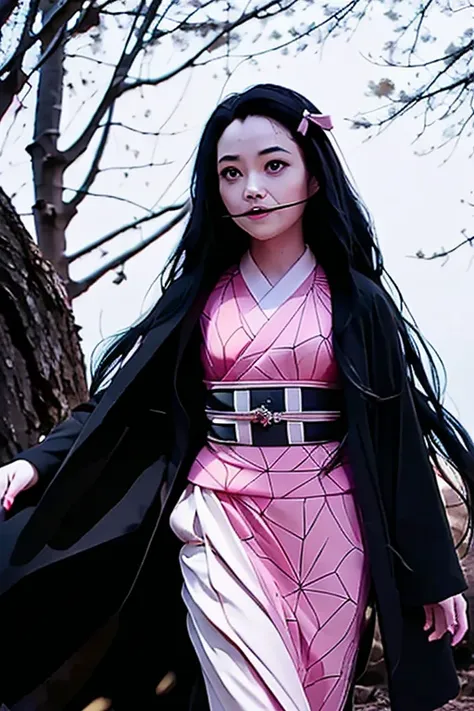  Nezuko Kamado in a dark and mysterious Japanese forest environment ,  in black and white with a vintage style from the 1950s . Nezuko,  a young woman with long, dark hair that falls in loose waves ,  wears a traditional Japanese kimono with a dark print ,...