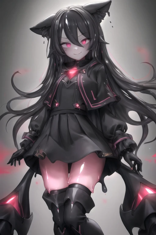  Slime girl black ,crimson eyes ,  red crystals attached to the body, long hair ,, ((Hight Quality 4k ,  soft lighting ),black jacket,  short black skirt , medias negras, black boots, little smile.