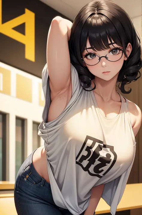  Make a realistic image of a white woman , with curly black hair curled up to her shoulders , with bangs,  wearing round glasses and a low-cut yellow shirt with the word KAHAUTO written on it. Shes looking and running her hand over her armpit 
