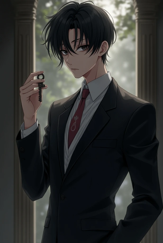 Handsome mysterious young adult boy with white skin, black hair in layers, dark eyes and sharp in profile and in full body, taking a door key in his left hand, lifting it, attractive anime style with prince clothes. 