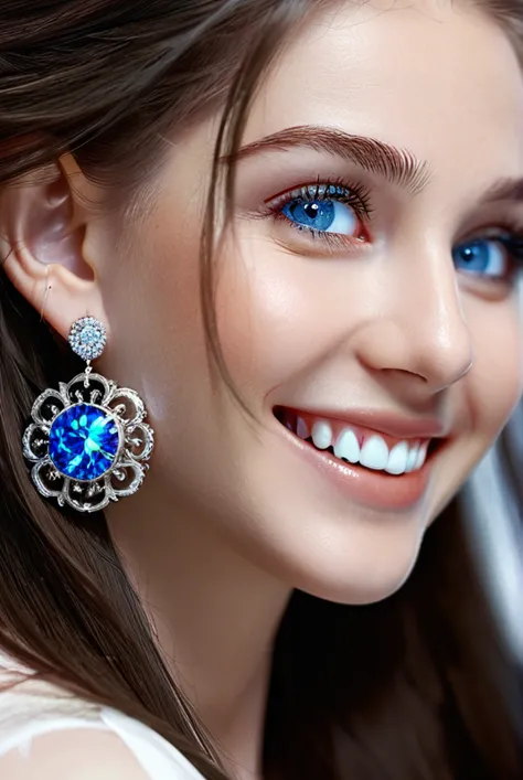 long hair, earrings, smile, blue eyes, from side, depth of field, hair ornament, jewelry, 3d rendering,