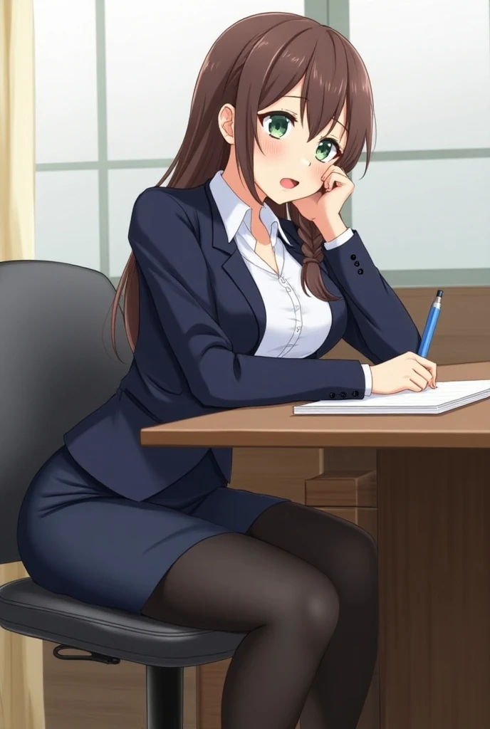 An anime-style illustration of a 23-year-old female character with long brown hair in a side plait and deep green eyes, wearing an office ladys outfit consisting of a white dress shirt, a navy blue blazer, a pencil skirt, and black tights.  The character i...