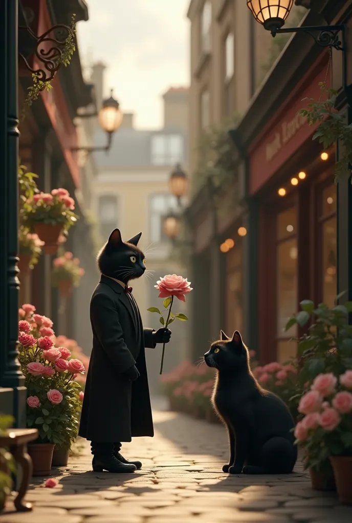 London shopping district 　 holding a single rose on the side of a flower shop　 black cat wearing the clothes of a bipedal butler 