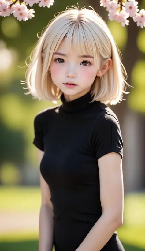 one girl playing pranks、 blond hair、(((Fatigue)))、Small eyes、 plump lips 、(((16)))、( knit dress、Black tight dress:1.5)、 outdoor 、Midsummer Sun、Summer Park、cherry blossoms、Someiyoshino cherry blossoms、Best Quality、 ultra high resolution 、super detailed、m...