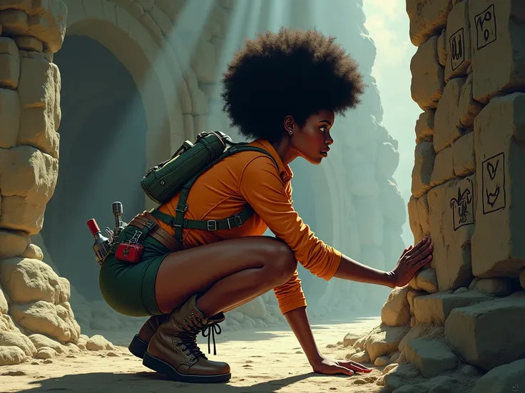 Illustrate in a modern anime style a daring space adventurer exploring a mysterious alien ruin filled with strange symbols and intricate carvings on ancient stone walls. She is an African woman with a striking, large round afro, crouching close to the wall...