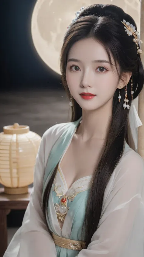 full moon night，beautiful woman in hanfu sitting in front of the camera，flip through books elegantly， her delicate facial featur...