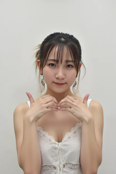 She is in a pose wearing a sexy camisole, making a firm big heart shape with both hands, and holding it in front of her chest, Cute smile up

