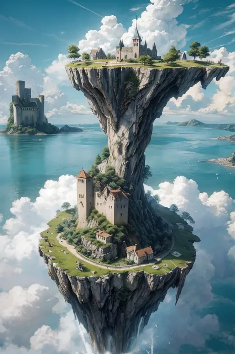 An island floating in the sky, a stone fortress and a huge tree on the island, and a sea of clouds on the ground