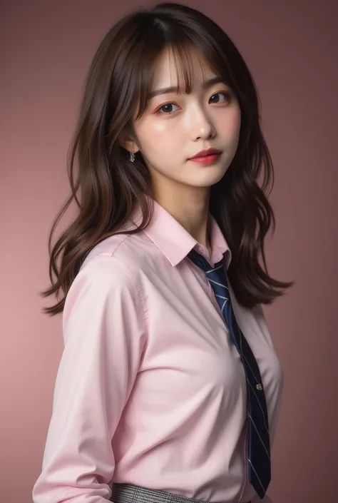 ( a work that can be safely viewed at work :2.0),  Beautiful Japanese Woman ,  supermodel ,  photorealistic,  very realistic pictures, Realistic, Perfect composition, Proper placement, Women&#39;s photos:1.331,Line pattern tie, pink button-up shirt,  Plaid...