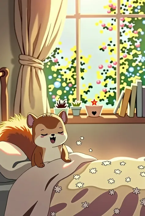 Anime image of a little squirrel waking up in his bed yawning under the blanket in the corner of his room while the sun is shining outside the window and there is a beautiful garden outside